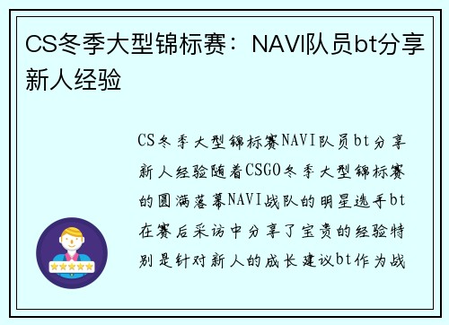 CS冬季大型锦标赛：NAVI队员bt分享新人经验